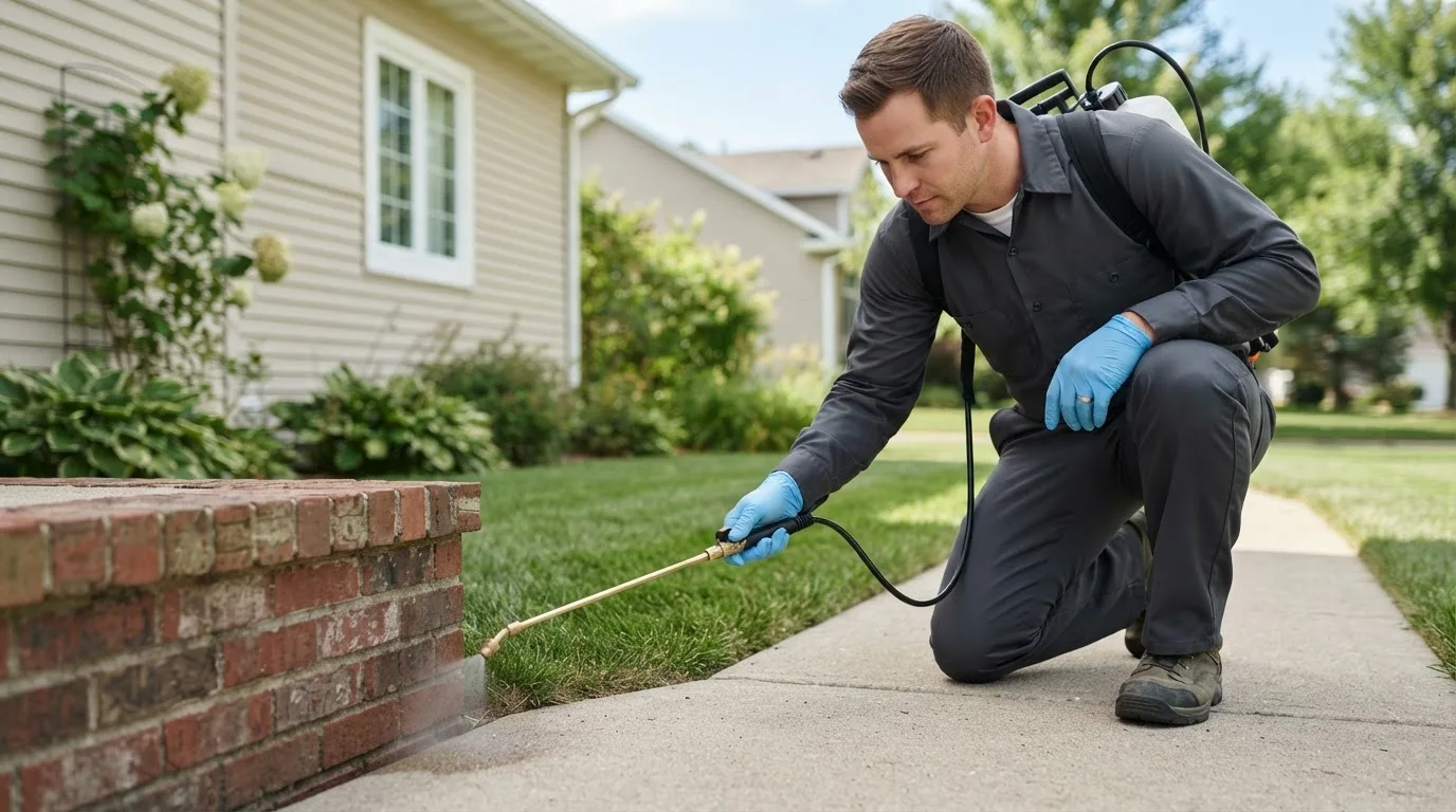 Pest control technician treating a home near Brook Park, MN