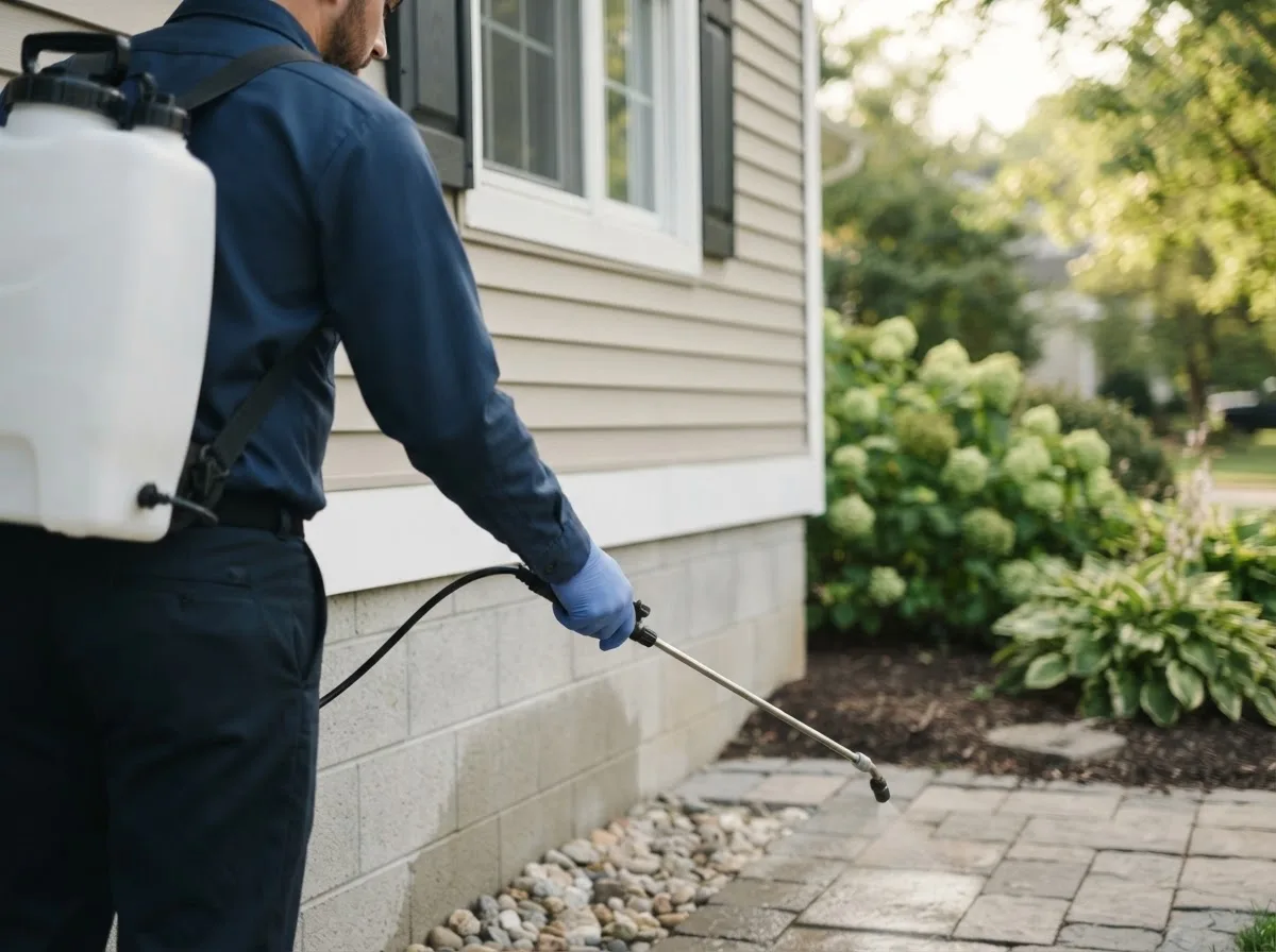 Pest control technician inspecting a home in Brook Park, MN